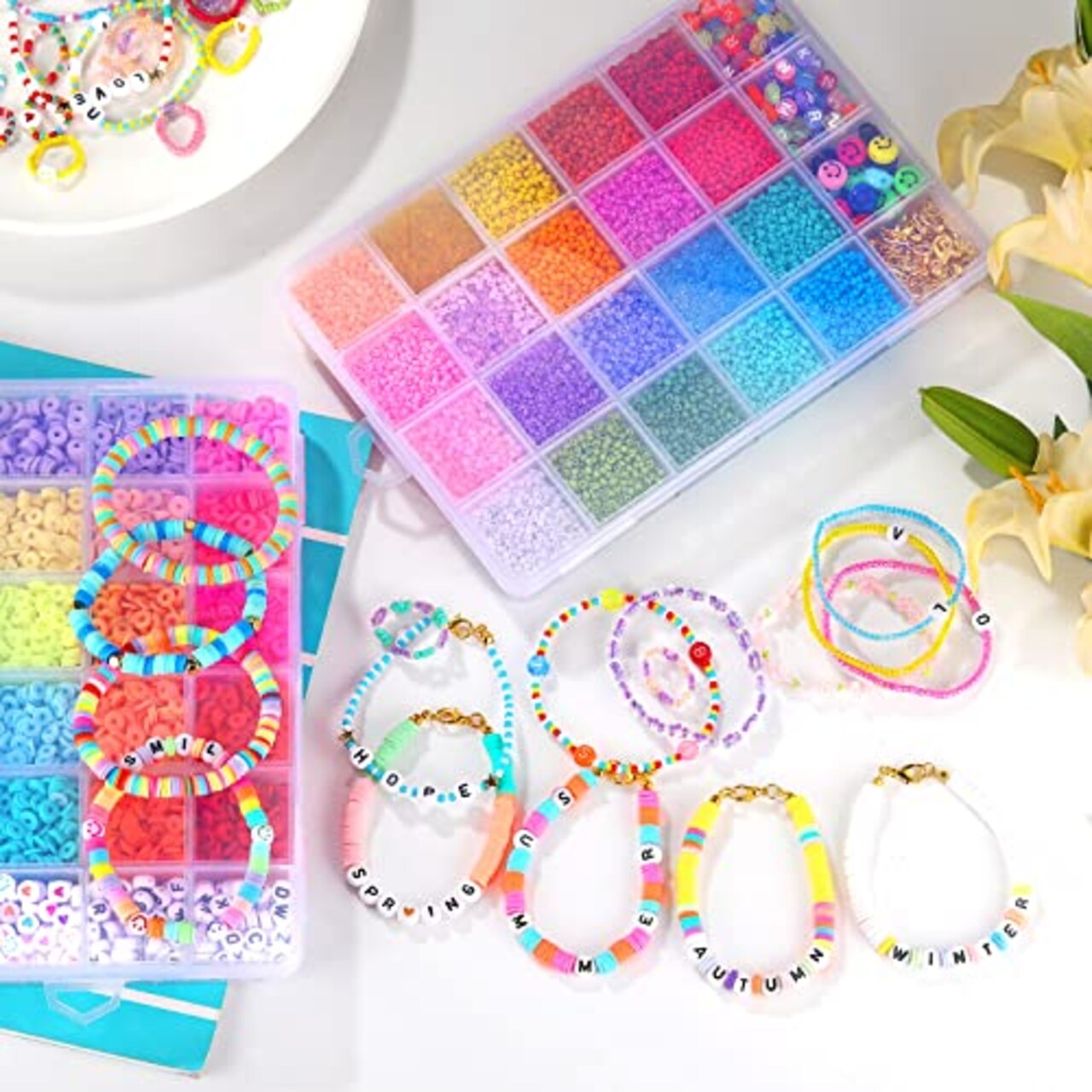 24500+ Pieces Beads for Jewelry Making Kit, Colorful Flat Round Polymer Clay Beads Glass Seed Beads for Bracelet Making Kit, Necklace Ring Heishi Beads DIY Craft Gift for Kids Girls